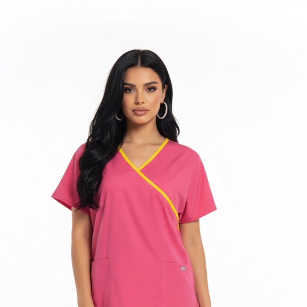Just Love Pink V-Neck Scrub Top with Yellow Trim - Size Large
